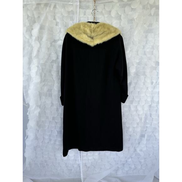 Vintage 50s 60s Long Black Coat 100% Wool Fur Mod Deb Hollywood Glam Retro - Picture 6 of 13